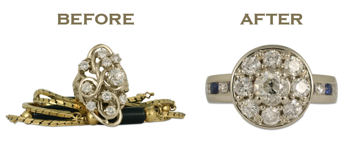 This jewelry redesign before and after shows a reset engagement ring, reusing gold and gems from our client.